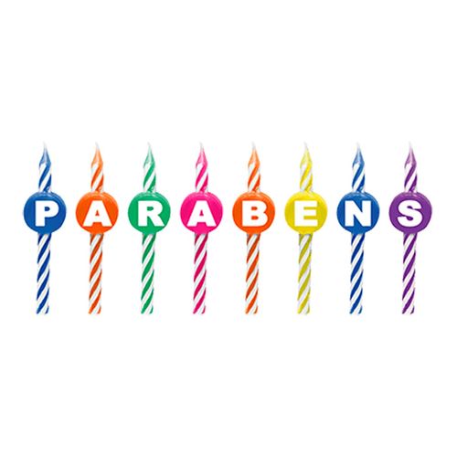 Vela Parabéns Palito Colorida - 08 unidades