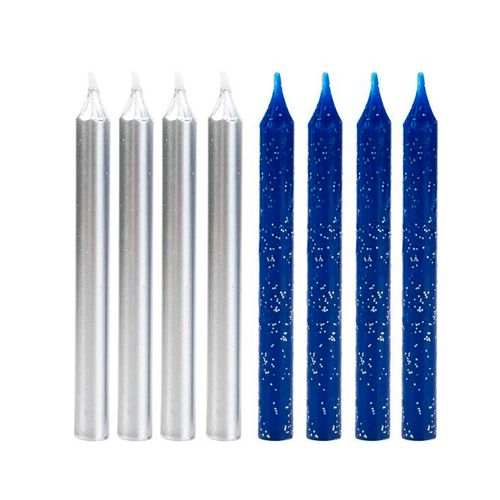 Vela Palito Azul Gliter e Prata - 08 unidades
