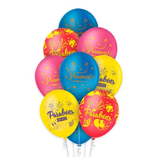 Balão 12 Parabéns Colorido - 10 unidades