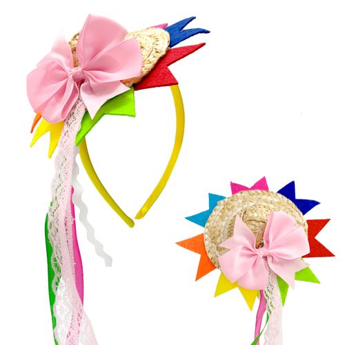 Tiara Junina com Chapéu Boneca Laço e Bandeirinha