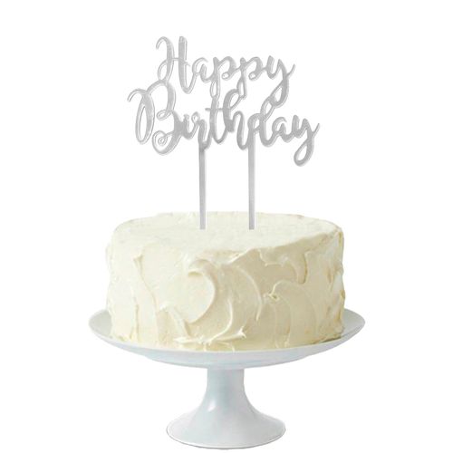 Topo de Bolo Happy Birthday Prata