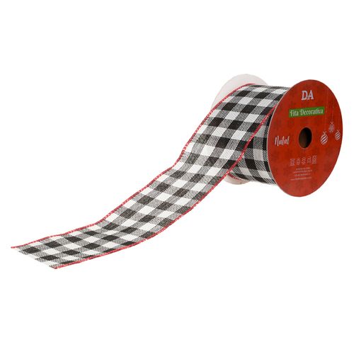 Fita Decorativa Aramada Xadrez Preto e Branco 6,3cm - 9 metros
