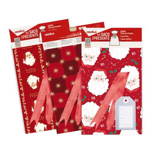 Kit Saco Presente Natal com Laço e Tag - 30x44cm