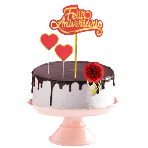 Topo de Bolo Feliz Aniversário Flor Dupla Camada - Vermelho