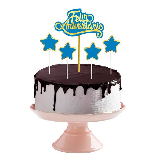 Topo de Bolo Feliz Aniversário Estrela - Azul com Dourado