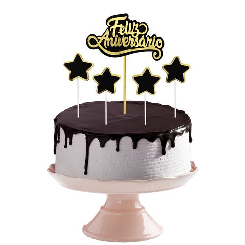 Topo de Bolo Feliz Aniversário Estrela - Preto com Dourado