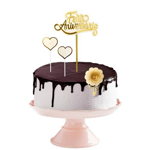 Topo de Bolo Feliz Aniversário Flor Dupla Camada - Creme Perolado
