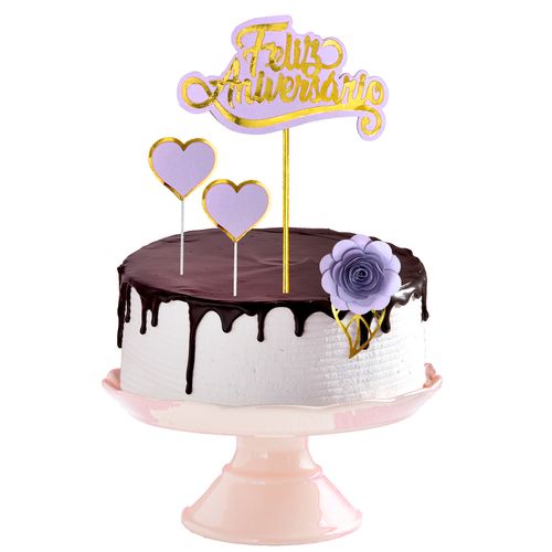 Topo de Bolo Feliz Aniversário Flor Dupla Camada - Lilás