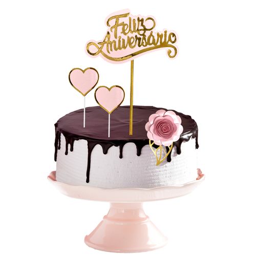 Topo de Bolo Feliz Aniversário Flor Dupla Camada - Rosa Claro
