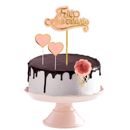 Topo de Bolo Feliz Aniversário Flor Dupla Camada - Rosé
