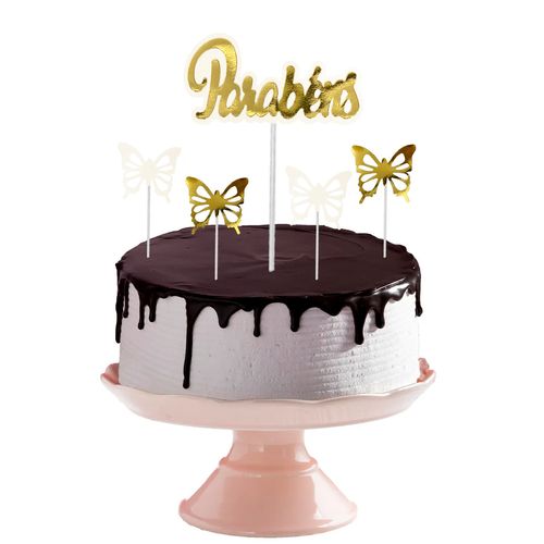 Topo de Bolo Parabéns Borboletas Mini - Pérola