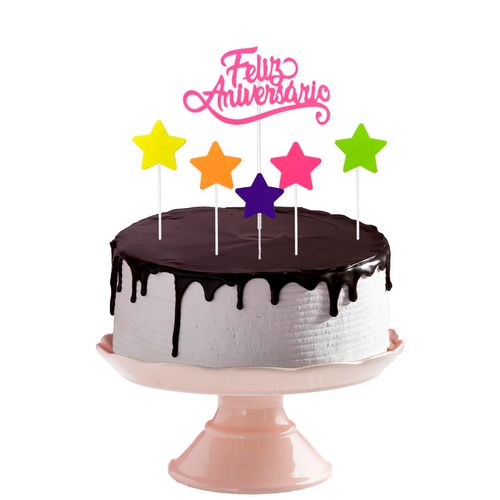 Topo de Bolo Feliz Aniversário Estrela Mini - Pink Neon