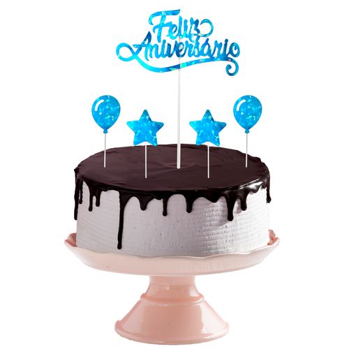 Topo de Bolo Feliz Aniversário Balões e Estrelas Mini - Azul
