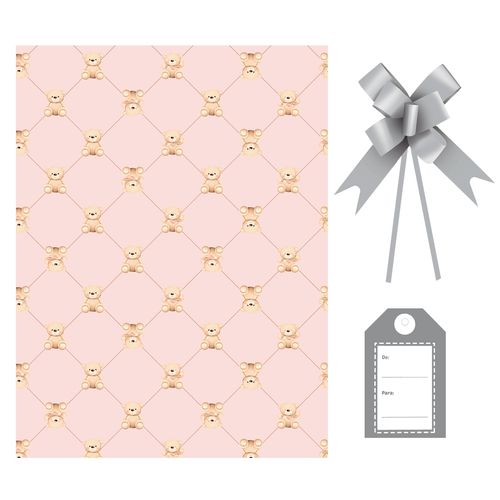 Kit Saco Presente Ursinho Rosa com Laço e Tag - 50x70cm