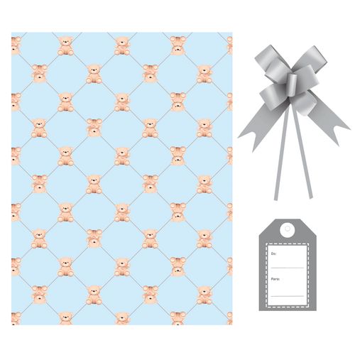 Kit Saco Presente Ursinho Azul com Laço e Tag - 50x70cm