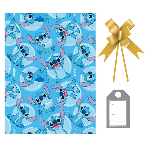 Kit Saco Presente Stitch com Laço e Tag - 30x44cm