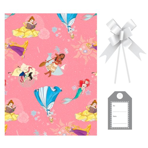 Kit Saco Presente Princesas Disney com Laço e Tag - 50x70cm