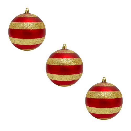 Bola de Natal Decorada 10cm Vermelha e Dourada - 03 unidades