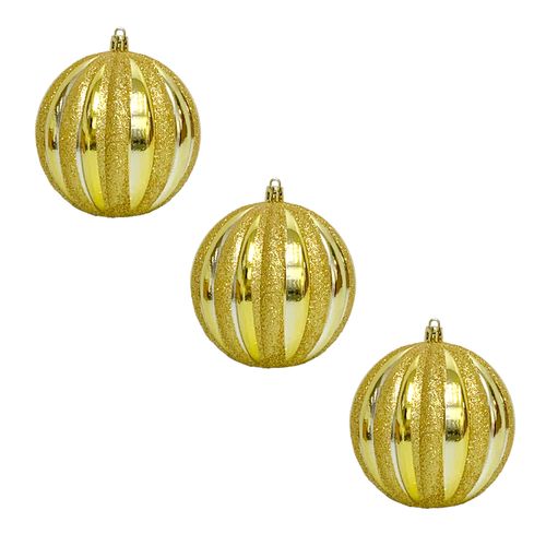 Bola de Natal Decorada 10cm Dourada - 03 unidades
