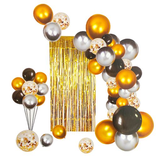 Kit Balões e Cortina Dourado Preto e Prata - 65 peças