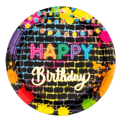 Prato de Papel Happy Birthday Preto - 10 unidades