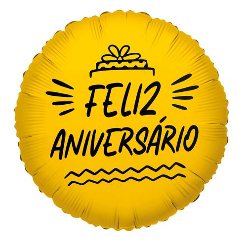 Balão Metalizado Feliz Aniversário Bolo Dourado 18"