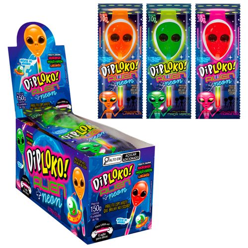 Pirulito Diploko Neon Monsters Alien - 15 unidades
