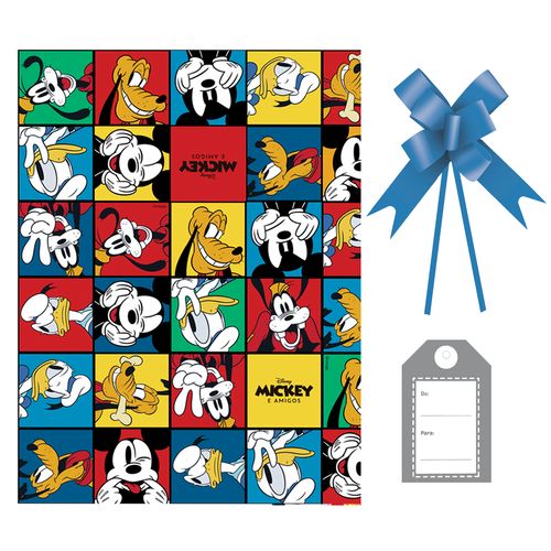 Kit Saco Presente Mickey e Turma com Laço e Tag - 50x70cm