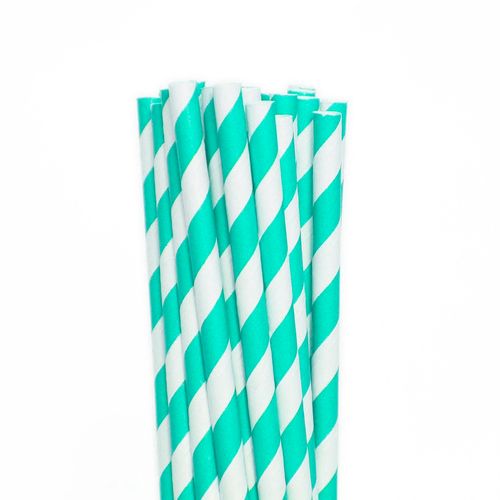 Canudo Papel Listrado Azul Tiffany - 12 unidades