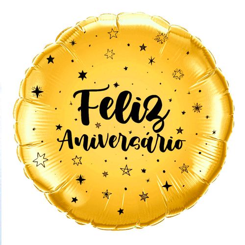 Balão Metalizado Feliz Aniversário Estrelas Dourado 18"