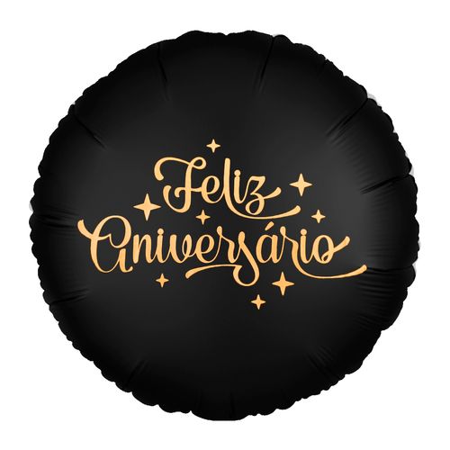 Balão Metalizado Feliz Aniversário Preto 18"
