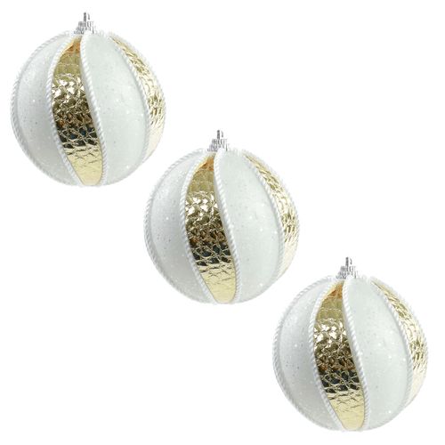 Bola de Natal Gomos Glitter Branco e Dourado 8cm - 03 unidades