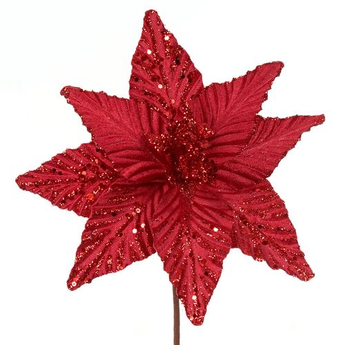 Flor Natalina Bico de Papagaio Aveludada Vermelha Glitter - 23cm