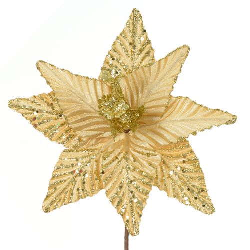 Flor Natalina Bico de Papagaio Aveludada Dourado Glitter - 23cm