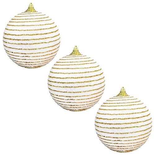 Bola de Natal Listrada Branca e Dourado 10cm - 03 unidades