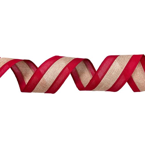 Fita Decorativa Aramada Linho Vermelha e Bege 6,3cm - 9 metros