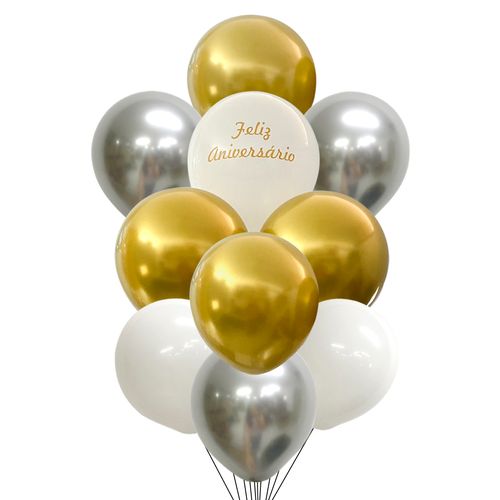 Buquê Balões Feliz Aniversário Dourado e Prata - 10 unidades