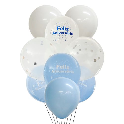Buquê Balões Feliz Aniversário Azul e Prata - 9 unidades
