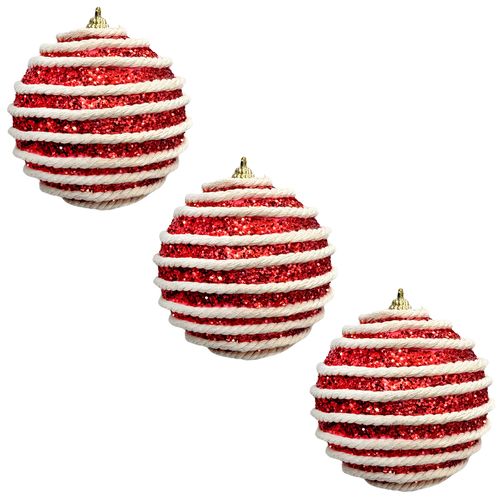 Bola de Natal Glitter Vermelho e Corda Bege 10cm - 03 unidades
