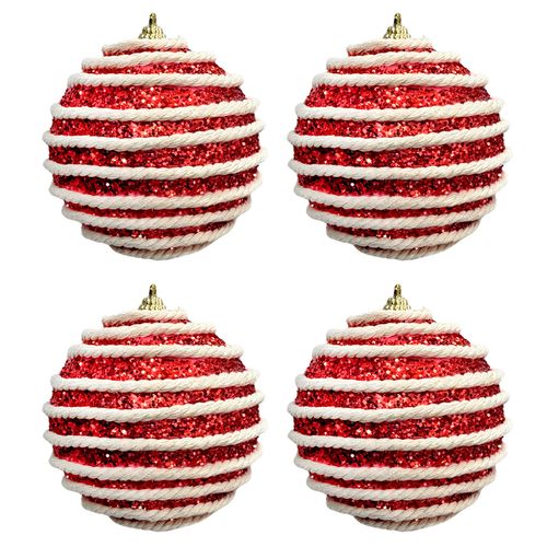 Bola de Natal Glitter Vermelho e Corda Bege 8cm - 04 unidades