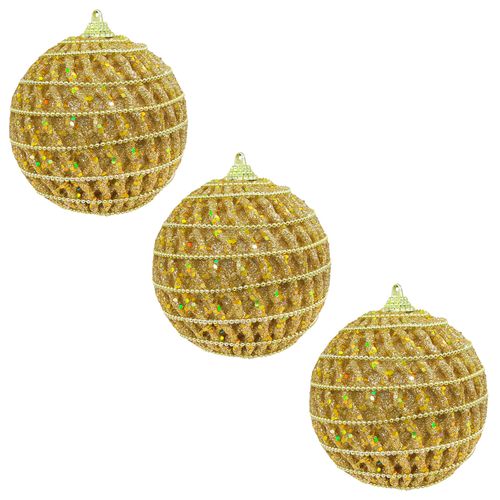 Bola de Natal Glitter Dourado 10cm - 03 unidades