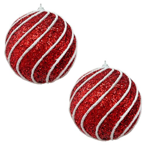 Bola de Natal Glitter Vermelho e Corda Branca 12cm - 02 unidades