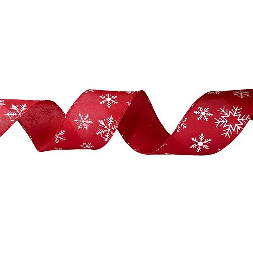 Fita Decorativa Aramada Linho Vermelha Flocos de Neve 6,3cm - 9 metros