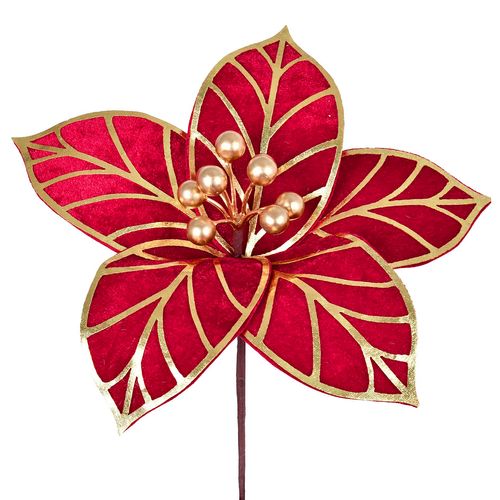 Flor Natalina Poinsetia Vermelho e Dourado - 19cm