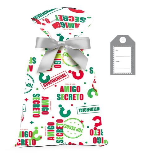 Kit Saco Presente Amigo Secreto com Laço e Tag - 30x44cm