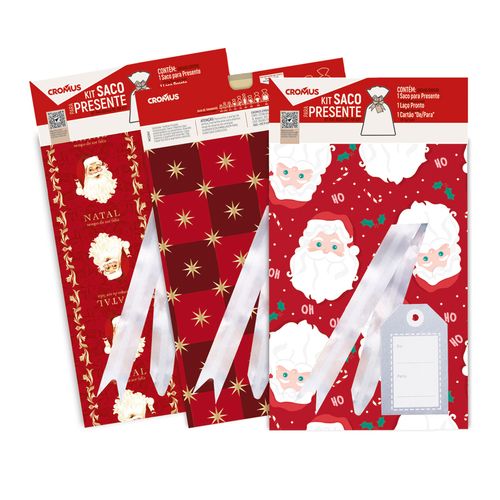 Kit Saco Presente Natal com Laço e Tag - 30x44cm