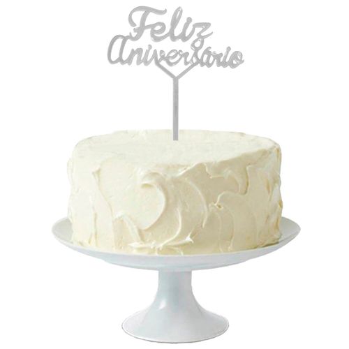 Topo de Bolo Feliz Aniversário Prata
