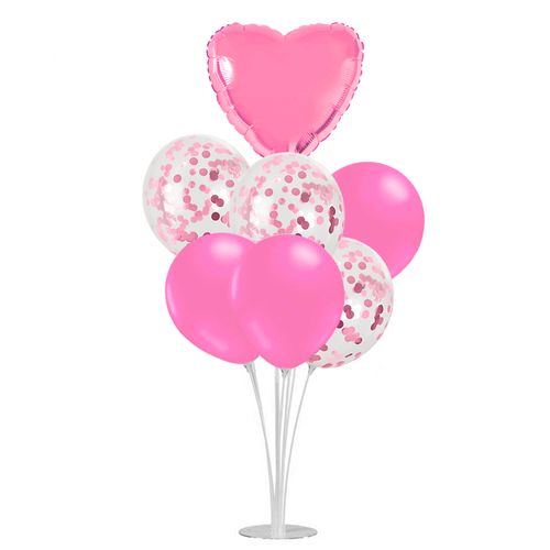 Buquê de Balões Coração Rosa com Suporte - 07 unidades