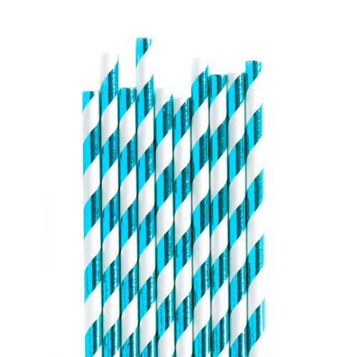 Canudo Papel Metalizado Listrado Azul - 12 unidades