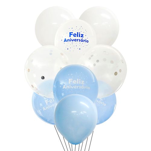 Buquê Balões Feliz Aniversário Azul e Prata - 9 unidades